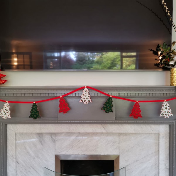 Handmade Christmas Tree Bunting: Padded Cotton Garland with Wooden Star