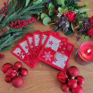 Christmas Fabric Coasters, Quilted Holiday Decor, Set of 6