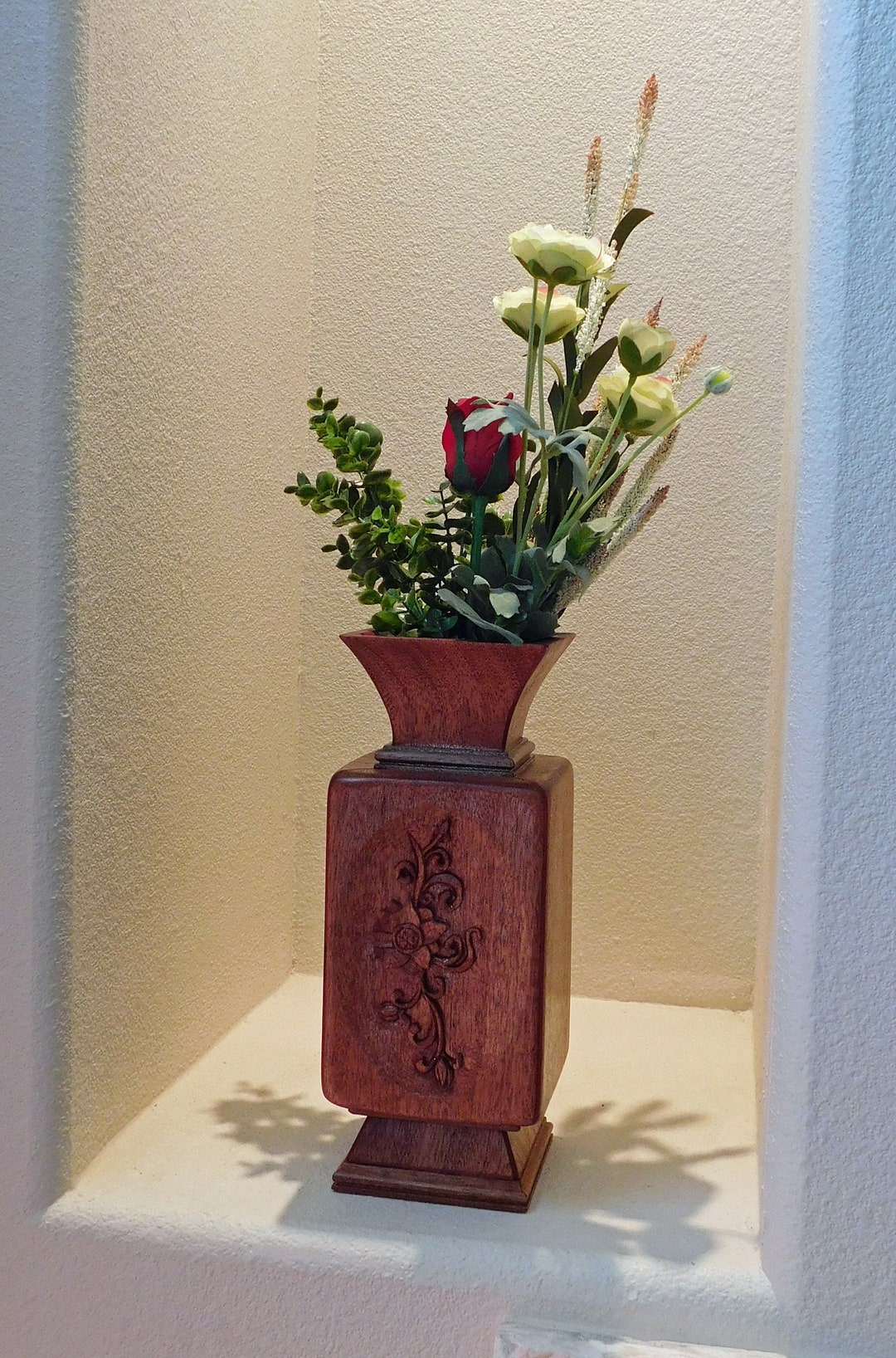 Flower Vase Square Wood Vase With Hand Carve Lotus Flower Etsy