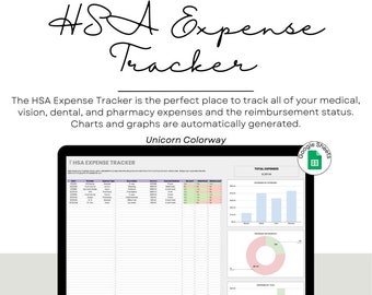 May include: A laptop displays an HSA Expense Tracker spreadsheet with charts and graphs. The text "HSA Expense Tracker" is at the top in cursive. The spreadsheet is labeled "Unicorn Colorway" and includes the text "Google Sheets Tracker" and "Planners & Palm Trees".