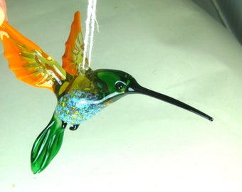blown glass animal bird Hummingbird hanging orange green figurine  art ornament decor  L-4.9 H-4.0 W-2.6 inches Fast shipping from USA