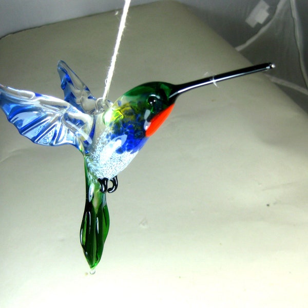 blown glass animal bird Hummingbird hanging blue white figurine art ornament L-4.9 H-4.0 W-2.6 inches Fast shipping from USA