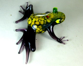 blown glass animal frog miniature yellow purple Murano style figurine  ornament art 3.7x1.3x5.1 inches Fast shipping from USA