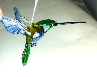 blown glass animal bird Hummingbird hanging blue green figurine  art ornament decor  L-4.9 H-4.0 W-2.6 inches Fast shipping from USA