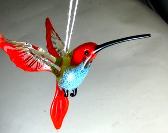 blown glass animal bird Hummingbird hanging red blue figurine  art ornament decor  L-4.9 H-4.0 W-2.6 inches Fast shipping from USA
