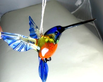 blown glass animal bird Hummingbird hanging blue orange figurine art ornament L-4.9 H-4.0 W-2.6 inches Fast shipping from USA