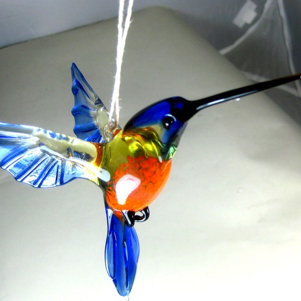 blown glass animal bird Hummingbird hanging blue orange figurine art ornament L-4.9 H-4.0 W-2.6 inches Fast shipping from USA