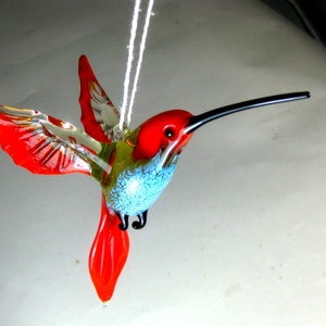 blown glass animal bird Hummingbird hanging red blue figurine art ornament decor L-4.9 H-4.0 W-2.6 inches Fast shipping from USA image 1