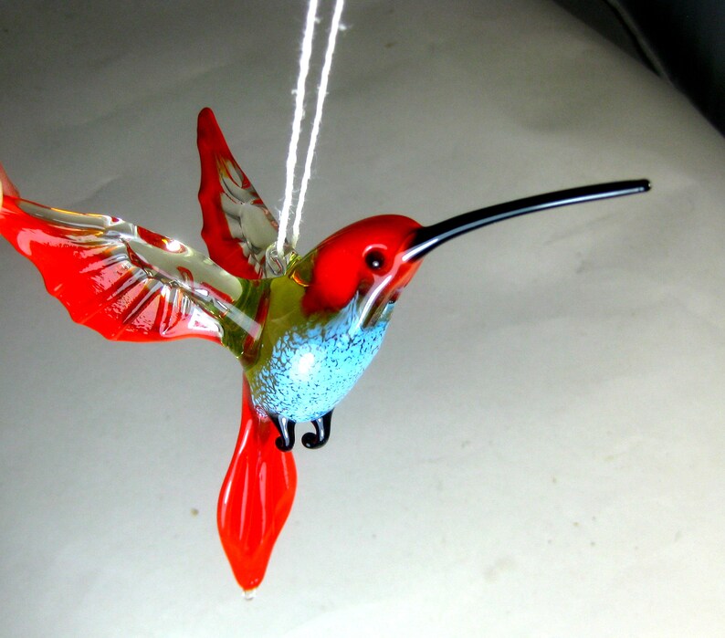 blown glass animal bird Hummingbird hanging red blue figurine art ornament decor L-4.9 H-4.0 W-2.6 inches Fast shipping from USA image 1