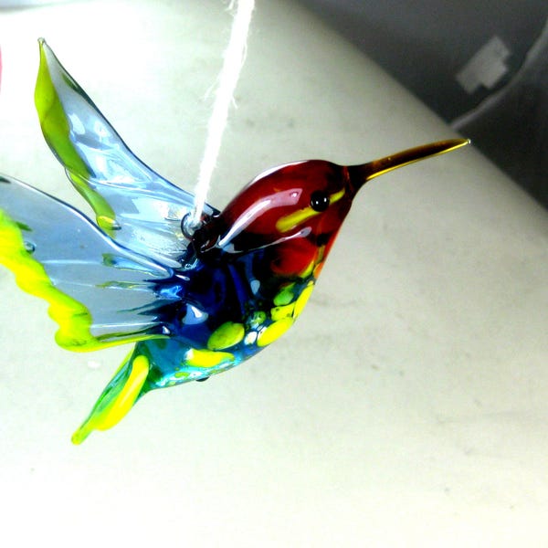 blown glass animal bird Hummingbird art hanging blue red Murano style figurine   ornament decor 4.5x3.3x2.4 inches Fast shipping from USA