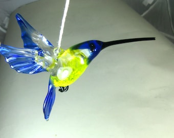 blown glass animal bird Hummingbird hanging blue yellow orange red figurine art ornament L-4.9 H-4.0 W-2.6 inches Fast shipping from USA