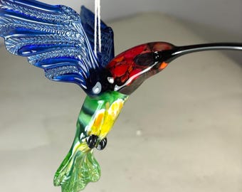 Handmade Blown Glass Animal Hummingbird Colibri Figurine Ornament Hanging Murano Style Dark Blue 4.9"