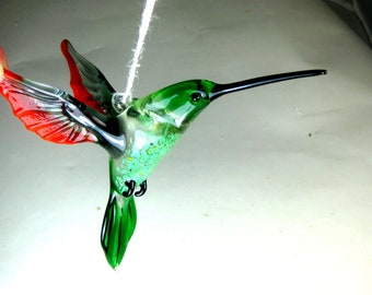 blown glass animal bird Hummingbird hanging red green figurine art ornament decor  L-4.9 H-4.0 W-2.6 inches Fast shipping from USA