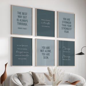 Therapist Office Decor Set of 6 Blue Prints, Printable Mental Health Posters, Motivational Art for Gender-Neutral Therapy Gallery Wall Quote
