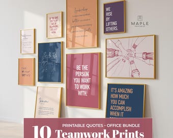 May include: A collection of ten wall art prints featuring motivational quotes and illustrations in a color palette of navy, peach, and maroon, displayed in gold frames. The prints include text such as Leadership, We Rise By Lifting Others, and Be The Person You Want To Work With, arranged in a gallery wall layout.