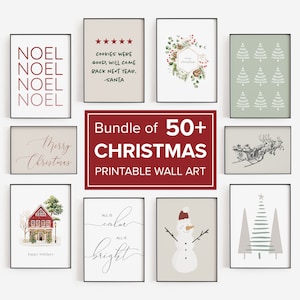Può includere: Una collezione di oltre 50 disegni di arte da parete natalizia stampabili. I disegni includono una varietà di temi, come una casa rossa con un tetto innevato, un pupazzo di neve, un albero di Natale e una slitta trainata da renne. Il testo "Bundle of 50+ CHRISTMAS PRINTABLE WALL ART" è visualizzato al centro dell'immagine.