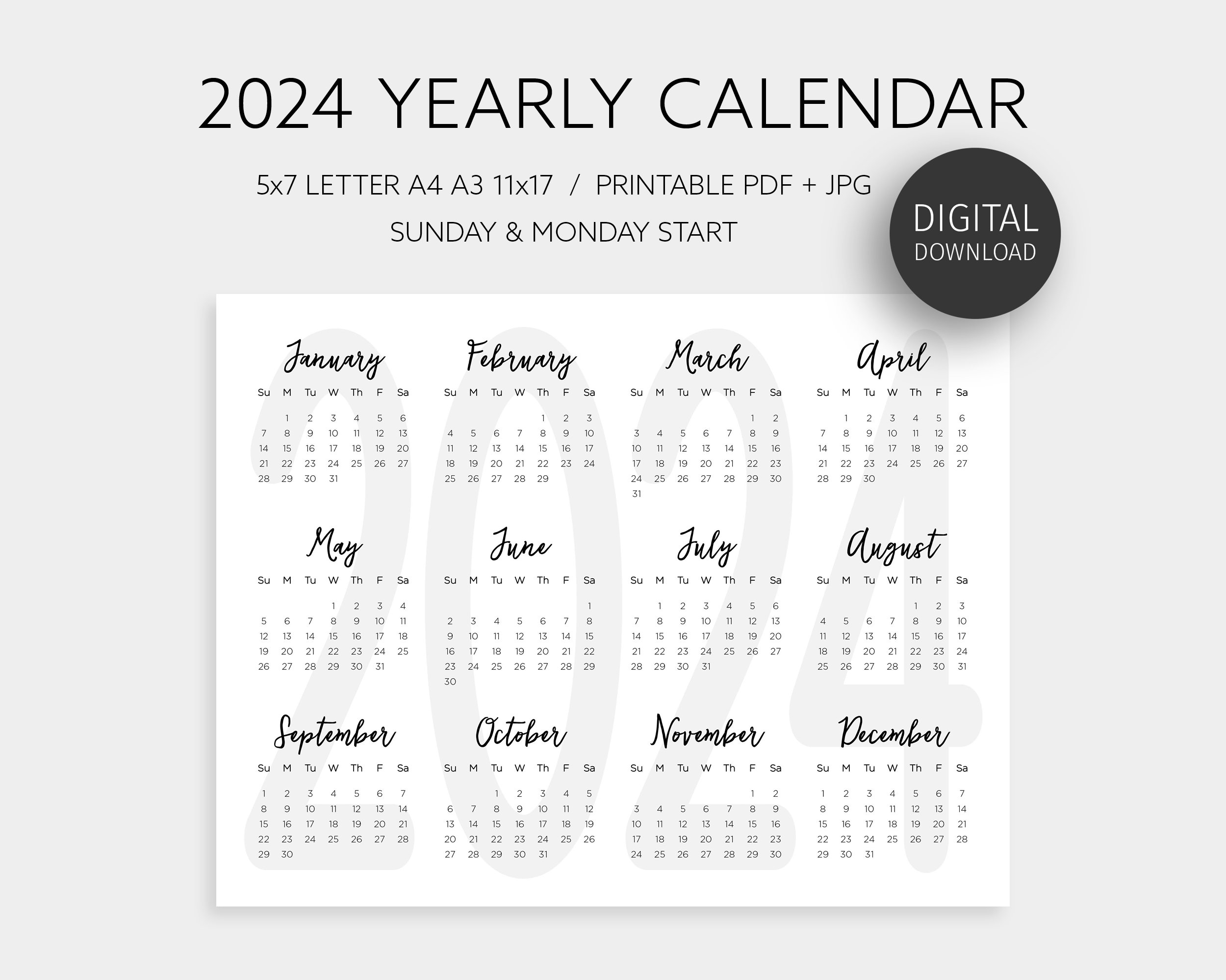 Calendario annuale 2024, Calendario annuale stampabile, Anno in sintesi,  Pianificatore da parete di grandi dimensioni, Lettera orizzontale 5x7 A4 A3  11x17 Inizio domenica lunedì -  Italia