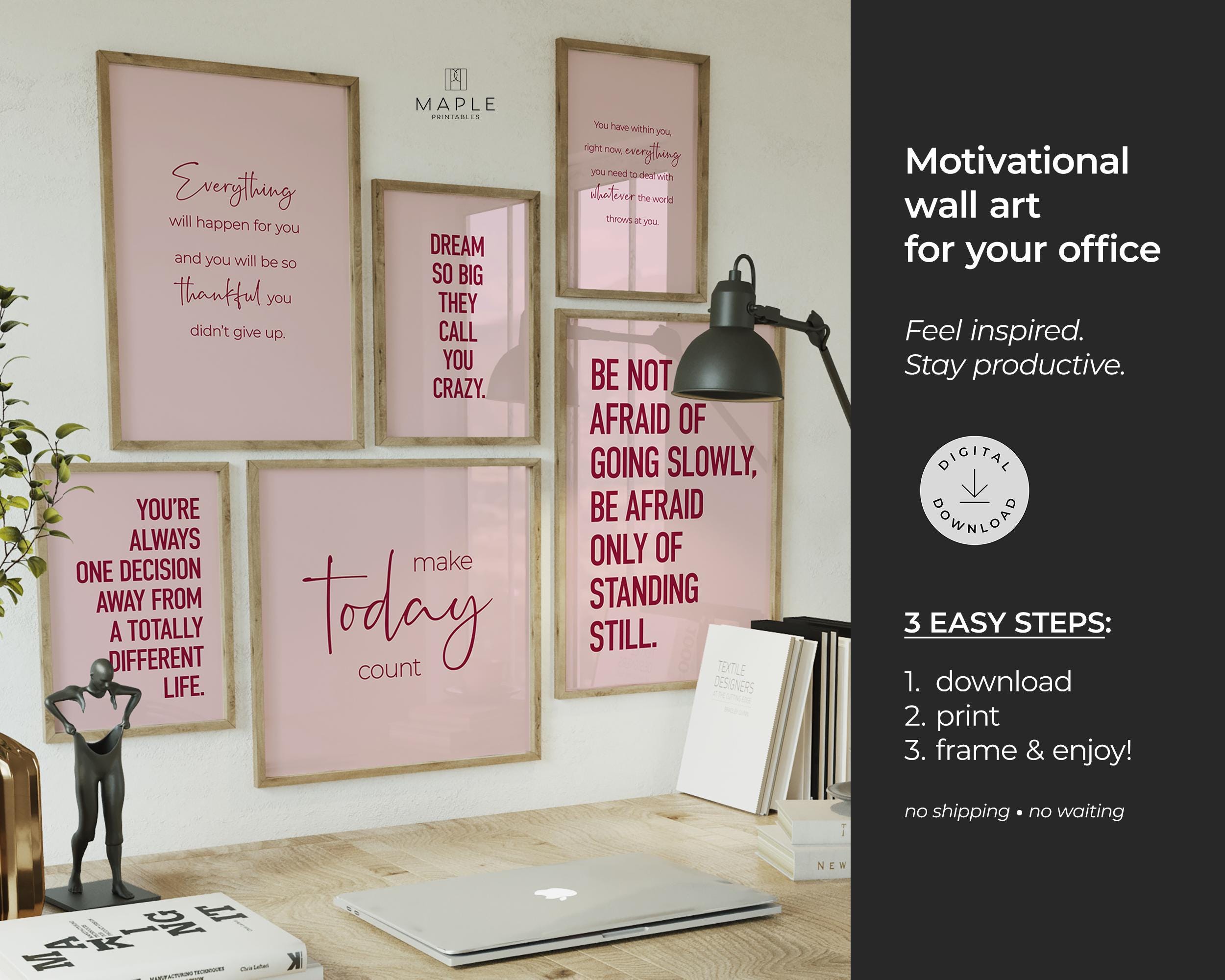 Motivational Prints for Women: Pink Office Decor, Set of 6 Encouraging ...