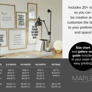 Peut inclure: Un tableau montrant diff&eacute;rentes tailles pour des impressions murales en pouces et en centim&egrave;tres. Le tableau comprend les ratios 1:1, 2:3, 3:4, 4:5 et des tailles suppl&eacute;mentaires. Le texte "Comprend plus de 20 tailles pour que vous puissiez &ecirc;tre cr&eacute;atif et personnaliser la mise en page selon vos pr&eacute;f&eacute;rences et votre espace !" est en haut du tableau. Le texte "Tableau des tailles et guide mural de galerie inclus dans votre commande pour une impression facile !" est en bas du tableau. Le texte "MAPLE - printables -" est en bas du tableau.