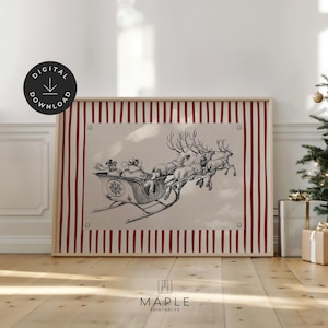 Stampa artistica della slitta di Babbo Natale, stampa natalizia vintage a righe, stampa artistica da parete per decorazioni natalizie retrò, poster festivo rosso, download digitale