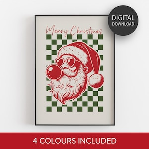 Può includere: Una stampa incorniciata con un'illustrazione rossa e bianca di Babbo Natale con occhiali da sole a forma di cuore e una bolla di gomma da masticare. Le parole "Merry Christmas" sono sopra Babbo Natale. Lo sfondo è un motivo a scacchiera verde e bianco.