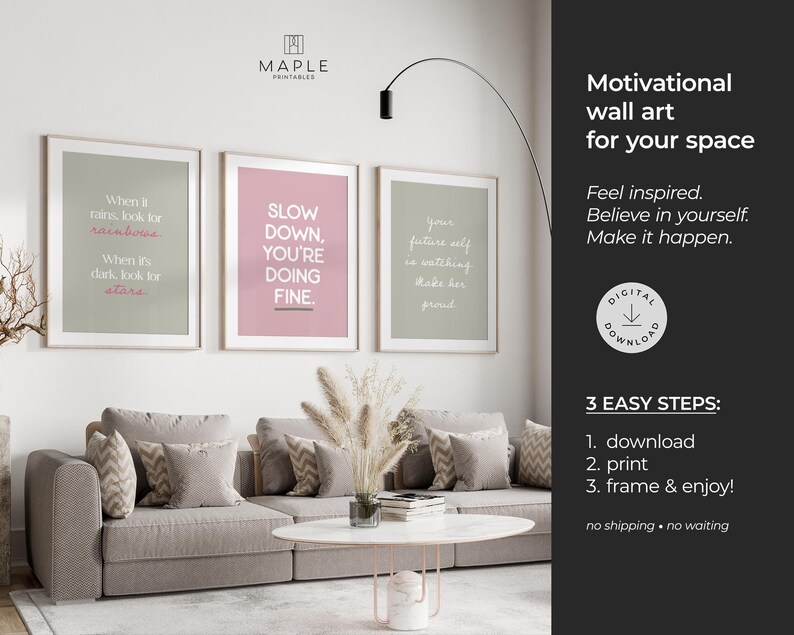 Motivational Set of 3 Pink & Sage Green Prints: Girly Home Office Decor ...