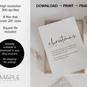 Pu&ograve; includere: Stampa d'arte da parete con una definizione della parola "Natale" in un carattere semplice e moderno. La definizione recita: "Un giorno meraviglioso quando qualcuno entra in casa tua, mangia i tuoi biscotti e li sostituisce con regali. L'unico giorno dell'anno in cui tutti sembrano essere una persona mattiniera."
