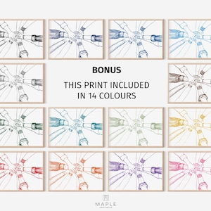 May include: A collection of fourteen framed prints, each featuring a line drawing of hands joined together in a circle. The prints are in various colors, with the text "BONUS THIS PRINT INCLUDED IN 14 COLOURS". The Maple Printables logo is at the bottom.