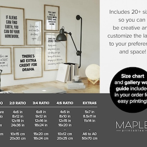 May include: A collection of framed art prints with motivational quotes in black text on white backgrounds. The image includes a desk with a lamp, books, and a decorative statue. The image also includes a size chart.