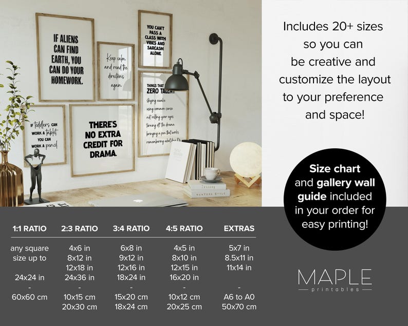 May include: A collection of framed art prints with motivational quotes in black text on white backgrounds. The image includes a desk with a lamp, books, and a decorative statue. The image also includes a size chart.