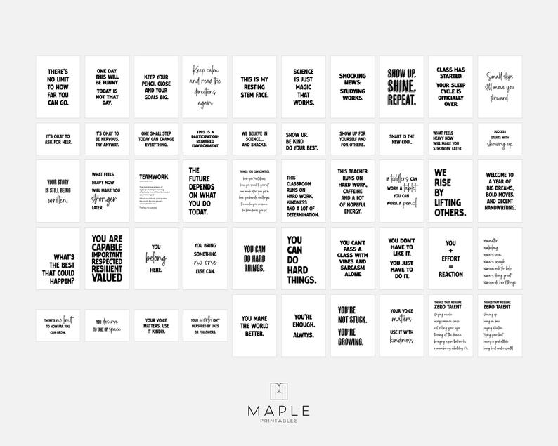 May include: A collection of motivational quote prints in black and white. Each print features a different inspirational phrase in a minimalist design. The prints are perfect for home or office decor.
