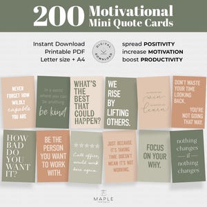 May include: A collection of 200 motivational mini quote cards in various colors, including peach, olive green, and white. Each card features inspirational quotes and phrases. The cards are available as an instant digital download in PDF format.