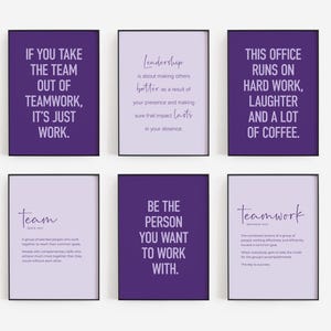 Office Wall Art Set mit 6 lila Teamwork-Drucken, druckbare Wandkunst für Home Office, Motivationsposter für Team, Arbeitsplatz-Cabicole-Dekor