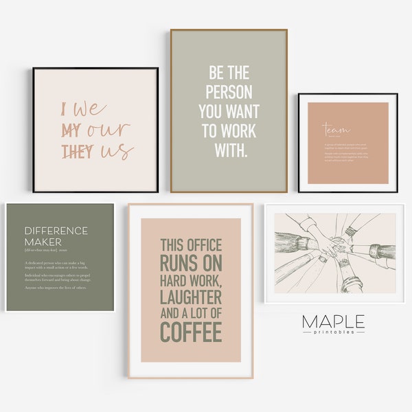 Décoration de bureau d'équipe, lot de 6 images à imprimer, citation sur le travail d'équipe, oeuvre d'art murale motivante, affiche de motivation au travail, décoration de bureau femme, art tons terre