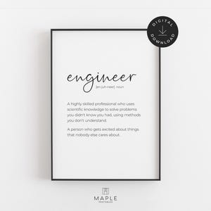 Póster con la definición de ingeniero: Decoración divertida para la oficina de una ingeniera, regalo para ingenieras, póster para graduadas de ingeniería (descarga digital).