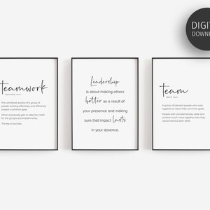 Peut inclure: Trois affiches imprimables en noir et blanc avec des d&eacute;finitions du travail d'&eacute;quipe, du leadership et de l'&eacute;quipe. Les affiches ont un design minimaliste avec du texte noir sur fond blanc.