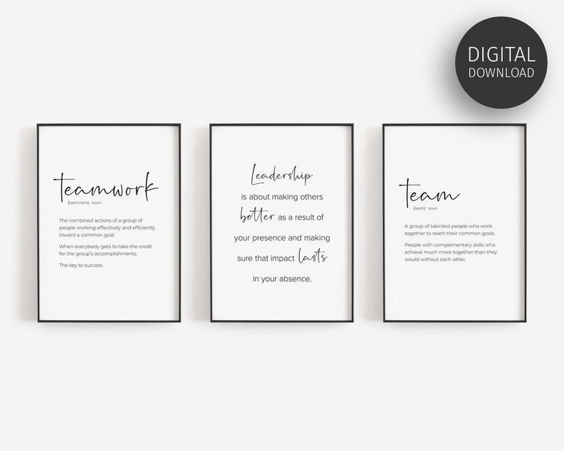 Peut inclure: Trois affiches imprimables en noir et blanc avec des d&eacute;finitions du travail d'&eacute;quipe, du leadership et de l'&eacute;quipe. Les affiches ont un design minimaliste avec du texte noir sur fond blanc.