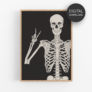 Funny Halloween Poster, Skeleton Print, Trendy Halloween Decor, Spooky Decor, Halloween Printable, Halloween Wall Art, Skeleton Peace Sign