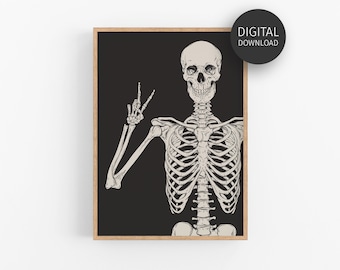 Funny Halloween Poster, Skeleton Print, Trendy Halloween Decor, Spooky Decor, Halloween Printable, Halloween Wall Art, Skeleton Peace Sign
