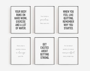 May include: Six black framed motivational posters with white text. The posters feature quotes about fitness, health, and motivation. The quotes include: "Your body runs on hard work, exercise and a lot of water.", "Your body is priceless. Take care of it.", "When you feel like quitting, remember why you started.", "Every day is another chance to change your life.", "Get excited about getting strong.", and "It's not about perfect, it's about making an effort every single day."