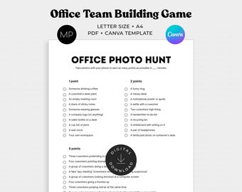 May include: A printable office team-building game with the title "Office Photo Hunt." The game includes a list of tasks to photograph for points, such as a funny mug or a coworker's desk plant. The document is a Letter size PDF and Canva template.