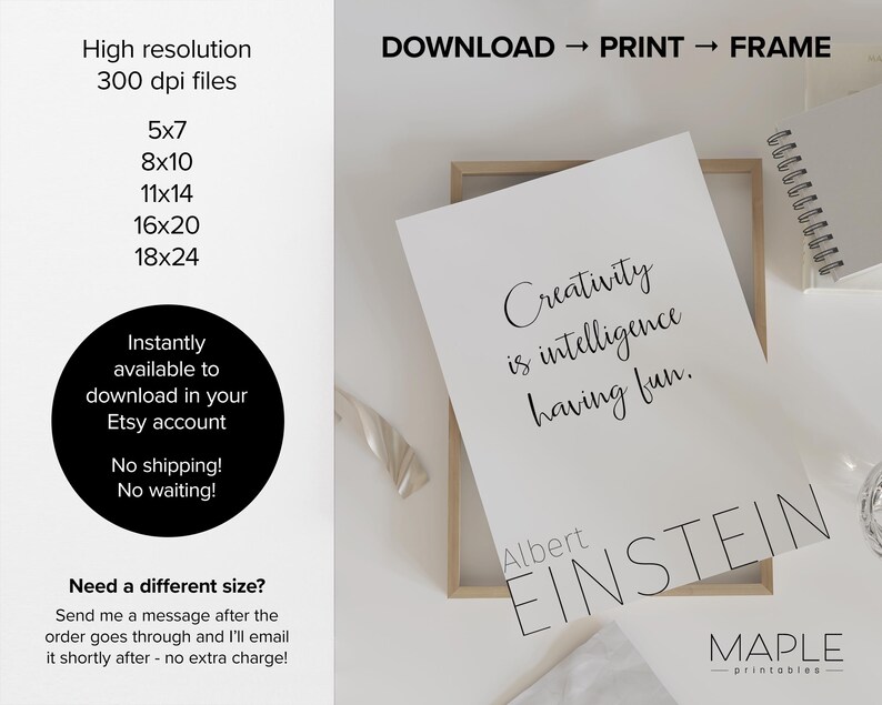 Einstein-citat, kreativitetsaffisch, presentidéer för arkitekter, ha bara kul, nedladdningsbara tryck, inspirerande dekor, utskrivbar väggkonst bild 3