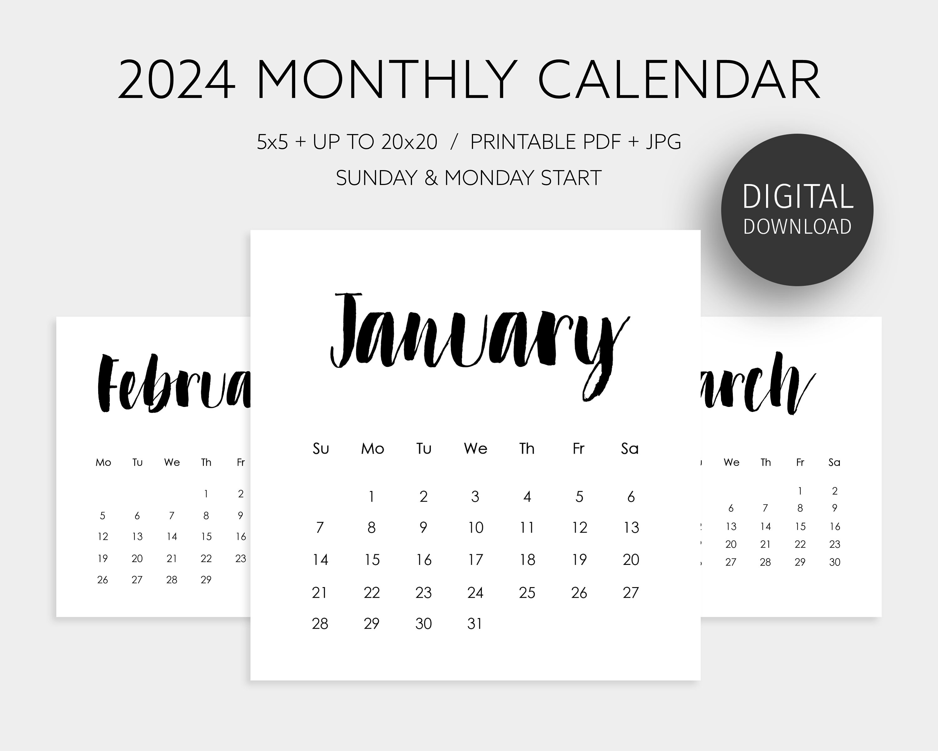 2024 Printable Calendar at A Glance Monthly Calendar 5x5 and Etsy Canada