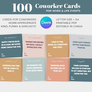 May include: A collection of 100 coworker cards for work and life events. The cards are in various colors, including teal, peach, and tan. Each card features a unique, humorous message. The cards are printable and editable in Canva.