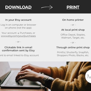 K&ouml;nnte beinhalten: Bild mit Anweisungen zum Herunterladen und Drucken von Etsy-K&auml;ufen. Der Text enth&auml;lt "DOWNLOAD" und "PRINT" mit Schritten zum Herunterladen von Ihrem Etsy-Konto und zum Drucken zu Hause oder in einer Druckerei. Eine Person tippt auf einem Laptop.