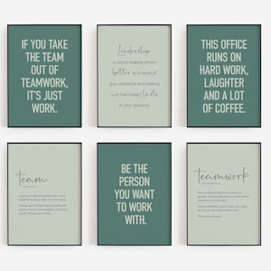 Office Wall Art, Set of 6 PRINTABLES, Motivational Prints, Teamwork Posters, Green Workplace Decor, Funny Team Quote, Trendy Breakroom Decor