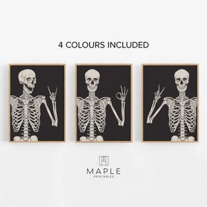 Halloween Posters, Set of 3 Skeletons Prints, Funny Halloween Decor, Printable Wall Art, Spooky Decor, Skeleton Peace Sign, Halloween Humour