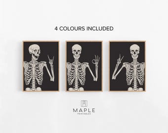 Halloween Posters, Set of 3 Skeletons Prints, Funny Halloween Decor, Printable Wall Art, Spooky Decor, Skeleton Peace Sign, Halloween Humour