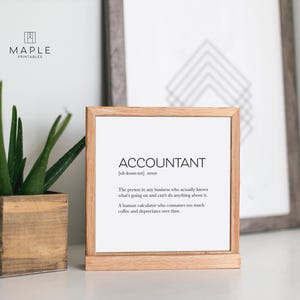Pode incluir: Uma impress&atilde;o emoldurada com a defini&ccedil;&atilde;o de "ACCOUNTANT" em texto preto. A impress&atilde;o est&aacute; em uma moldura de madeira clara e &eacute; exibida em uma superf&iacute;cie branca. &Agrave; esquerda da moldura, h&aacute; um pequeno vaso de madeira com uma planta verde.