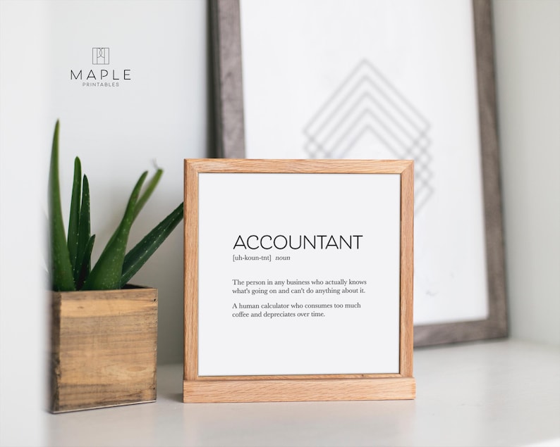 Pode incluir: Uma impress&atilde;o emoldurada com a defini&ccedil;&atilde;o de "ACCOUNTANT" em texto preto. A impress&atilde;o est&aacute; em uma moldura de madeira clara e &eacute; exibida em uma superf&iacute;cie branca. &Agrave; esquerda da moldura, h&aacute; um pequeno vaso de madeira com uma planta verde.
